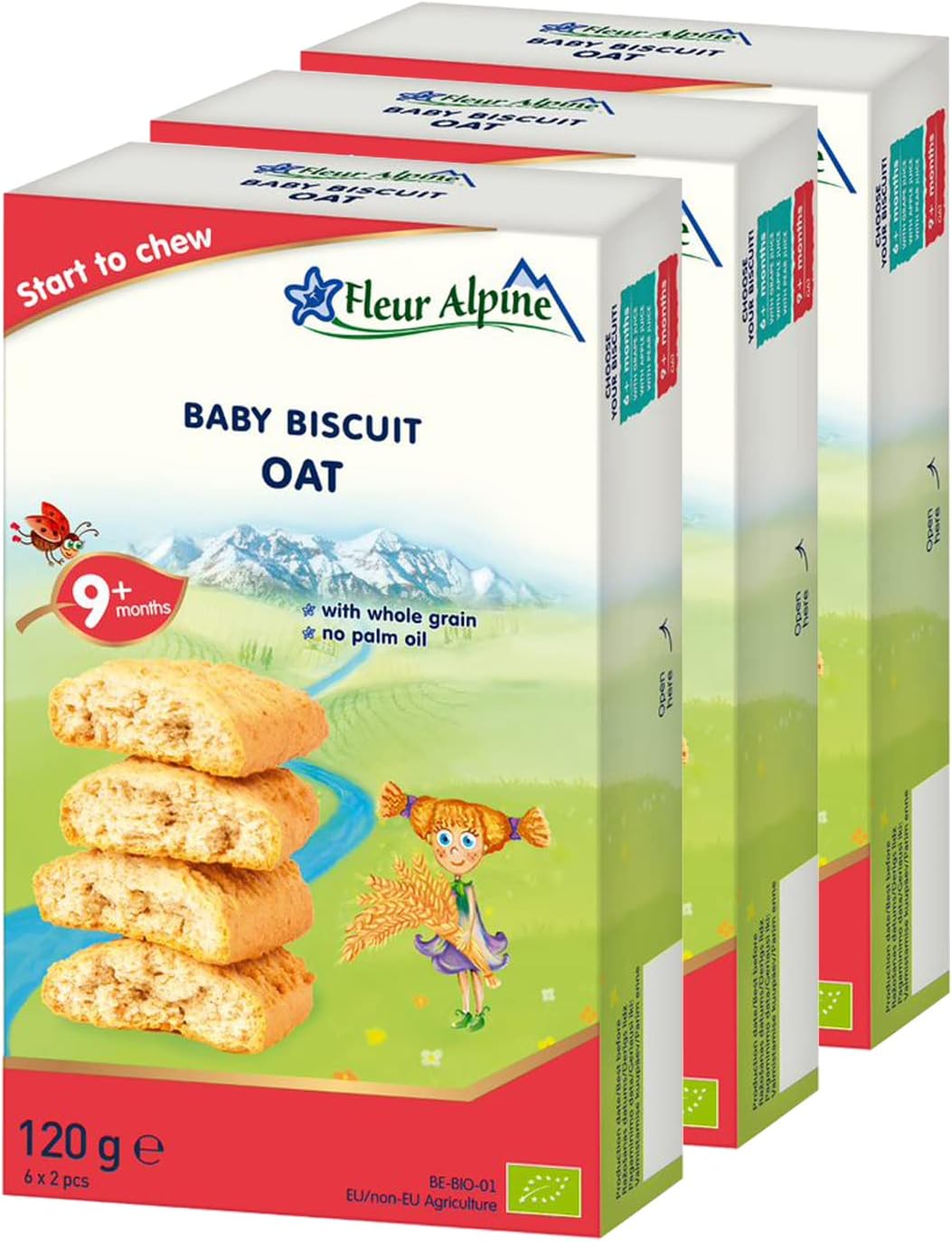 Fleur Alpine Baby Biscuit OAT Cereal Taste, 3 x 120g I Whole Grain Food Snack for Toddlers from 9 months I 18 x 2 Biscuits-0