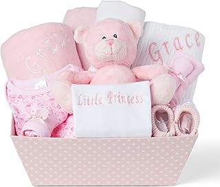 Baby Box Shop Personalised Baby Gift Set - 12 Baby Girl Essentials with 3 Personalised Baby Girl Gifts - Baby Girl Gifts, Newborn Baby Girl Hamper Basket Gifts with Personalised Baby Blankets, Pink