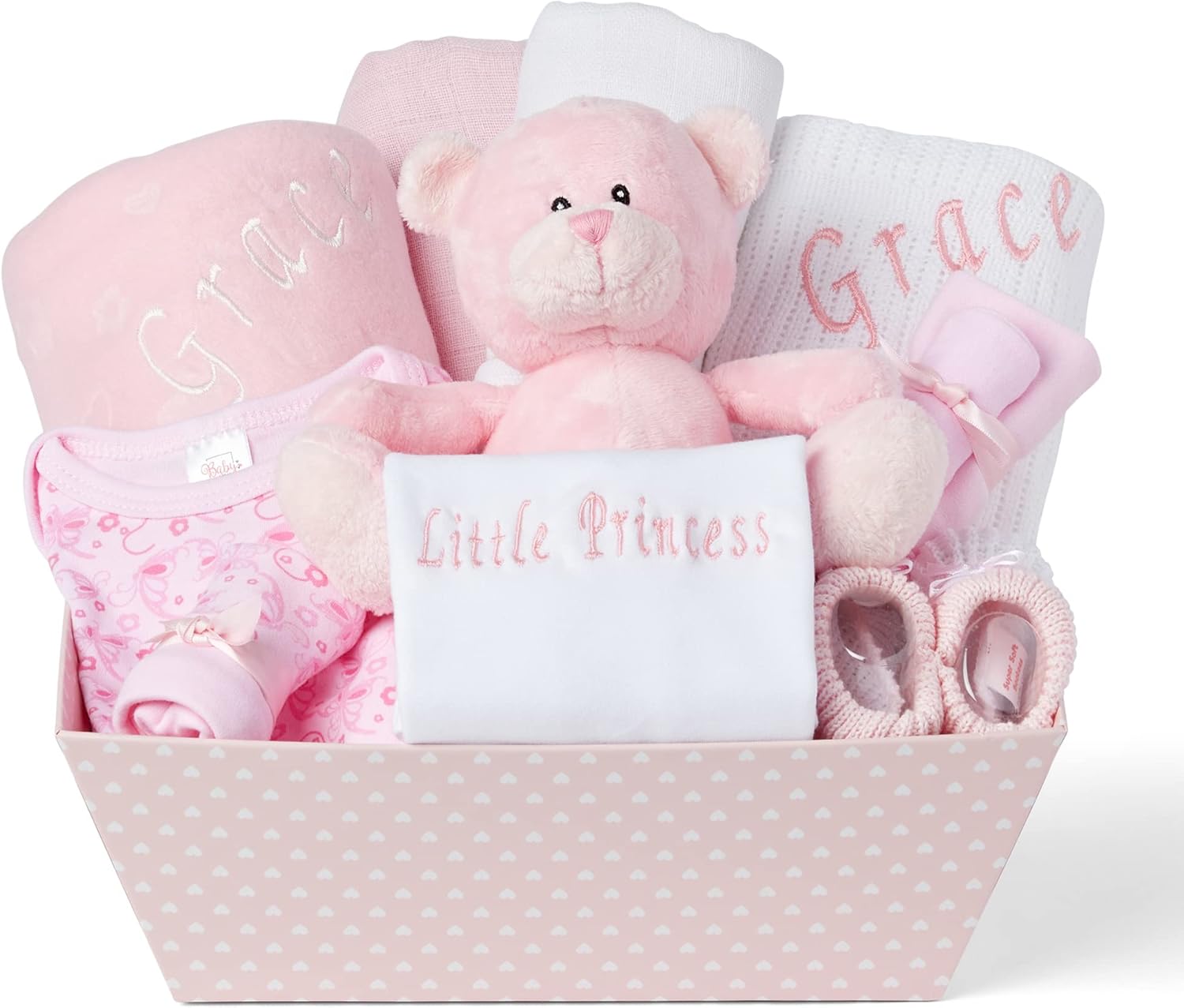 Baby Box Shop Personalised Baby Gift Set - 12 Baby Girl Essentials with 3 Personalised Baby Girl Gifts - Baby Girl Gifts, Newborn Baby Girl Hamper Basket Gifts with Personalised Baby Blankets, Pink-0