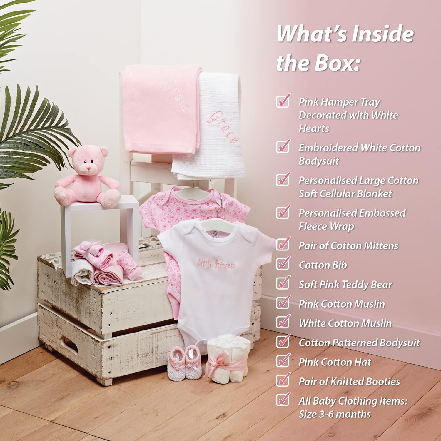 Baby Box Shop Personalised Baby Gift Set - 12 Baby Girl Essentials with 3 Personalised Baby Girl Gifts - Baby Girl Gifts, Newborn Baby Girl Hamper Basket Gifts with Personalised Baby Blankets, Pink-1