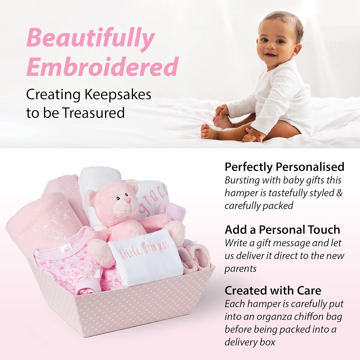 Baby Box Shop Personalised Baby Gift Set - 12 Baby Girl Essentials with 3 Personalised Baby Girl Gifts - Baby Girl Gifts, Newborn Baby Girl Hamper Basket Gifts with Personalised Baby Blankets, Pink-2