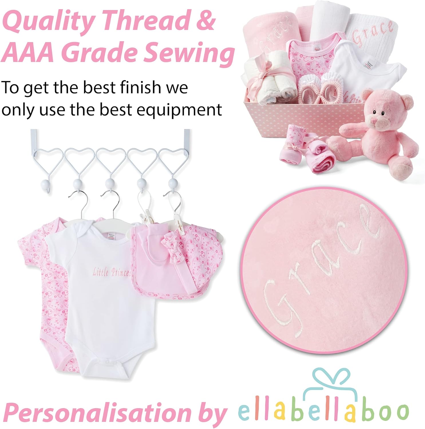 Baby Box Shop Personalised Baby Gift Set - 12 Baby Girl Essentials with 3 Personalised Baby Girl Gifts - Baby Girl Gifts, Newborn Baby Girl Hamper Basket Gifts with Personalised Baby Blankets, Pink-4