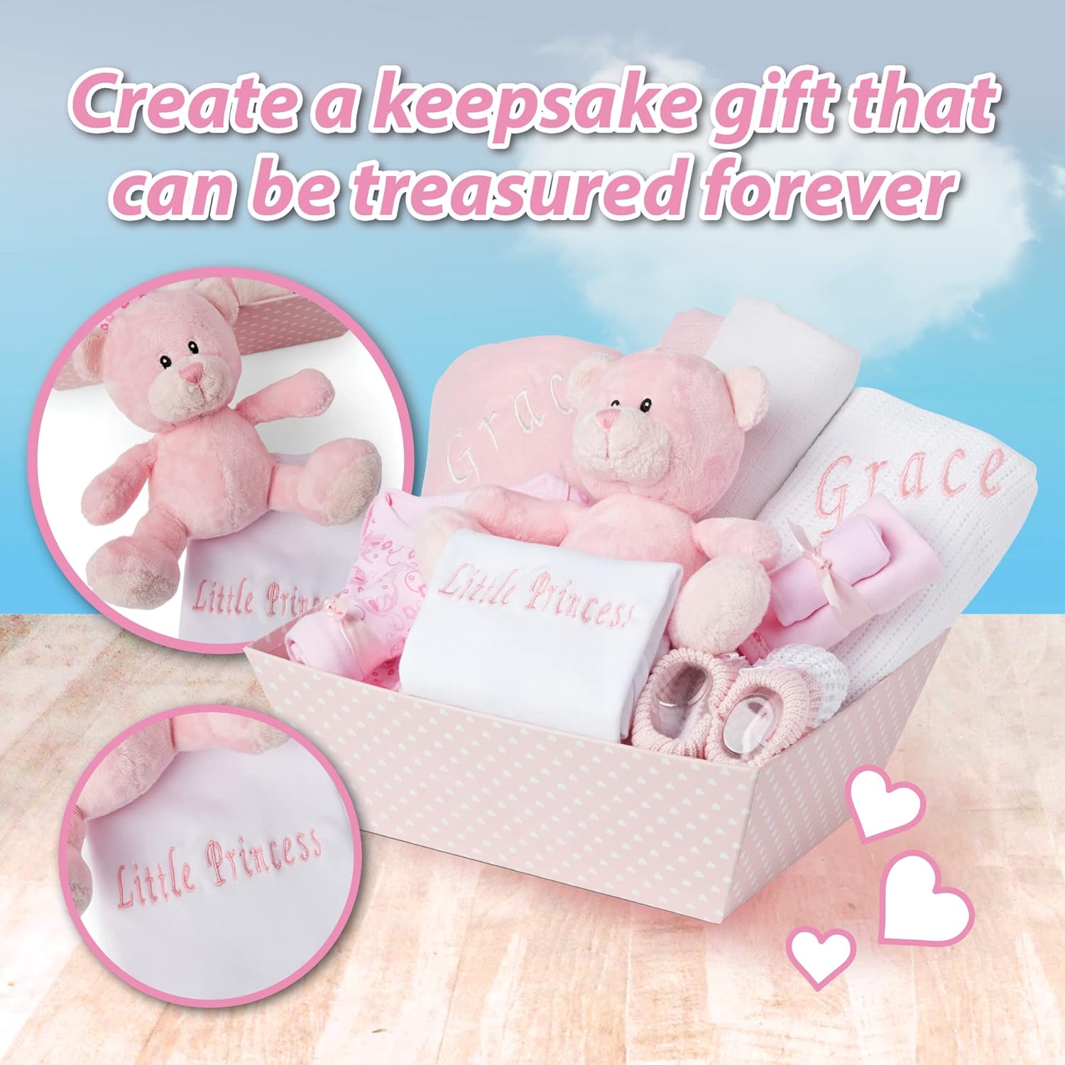 Baby Box Shop Personalised Baby Gift Set - 12 Baby Girl Essentials with 3 Personalised Baby Girl Gifts - Baby Girl Gifts, Newborn Baby Girl Hamper Basket Gifts with Personalised Baby Blankets, Pink-6