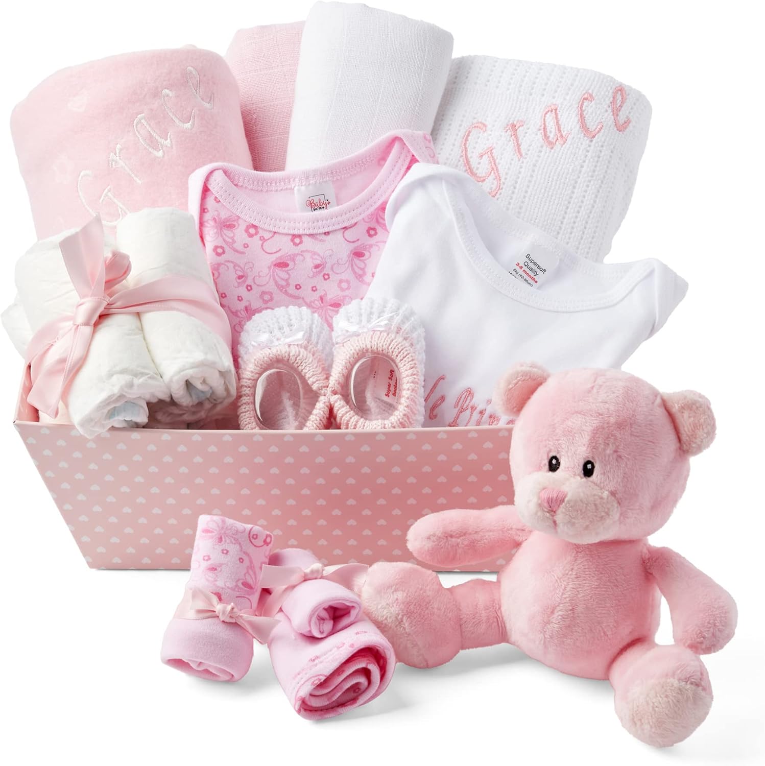 Baby Box Shop Personalised Baby Gift Set - 12 Baby Girl Essentials with 3 Personalised Baby Girl Gifts - Baby Girl Gifts, Newborn Baby Girl Hamper Basket Gifts with Personalised Baby Blankets, Pink-8