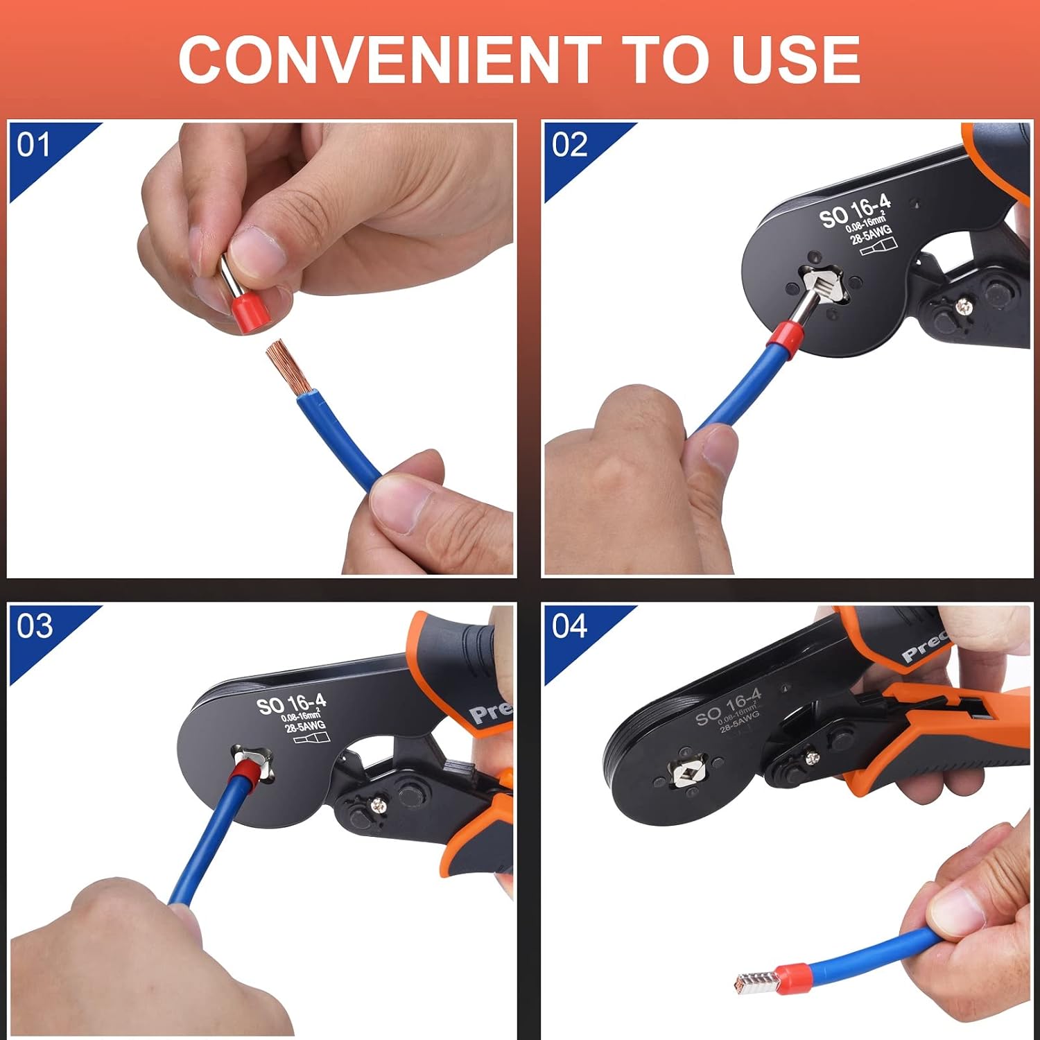 Bootlace Ferrule Crimping Tool, Preciva 0.08-16mm²/AWG 28-5 Ferrule Crimping Tool with 1200pcs Ferrules, Crimping Tools, Self-Adjsutable Ratchet Wire Crimping Tool-3