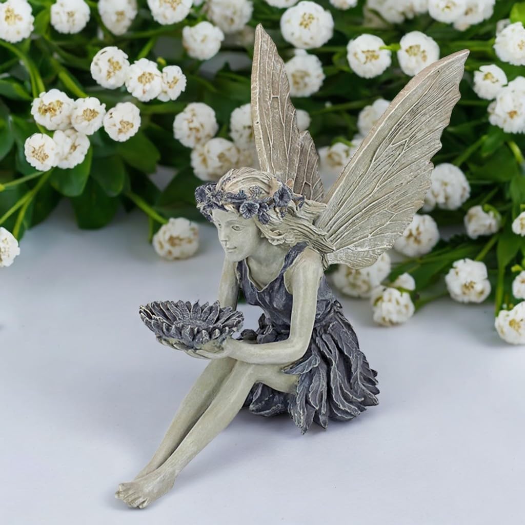 MINGZE Fairy Garden Statue, Outdoor Sitting Magic Elf Bird House Ornaments Winged Angel Fairies Sculpture Resin Figurine for Patio Yard Porch Christmas Landscape Home Decoration-5