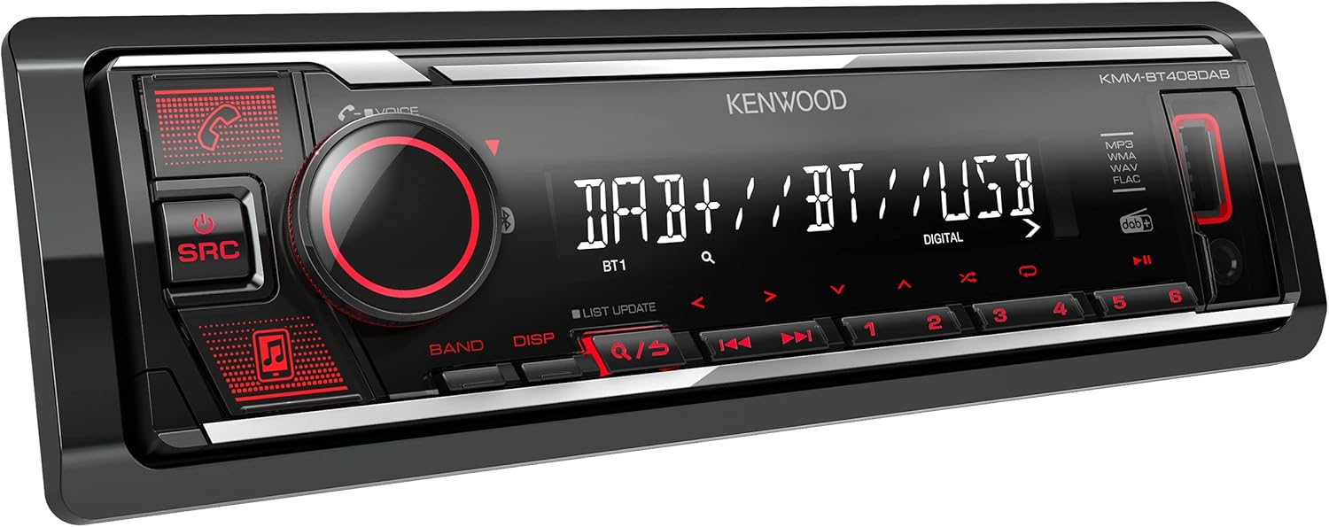 Kenwood KMM-BT408DAB USB Car Radio with DAB+ and Bluetooth Hands-Free Kit (Sound Processor, USB, AUX, 1 x Pre-Out 2.5 V, 4 x 50 Watt, Button Lighting, Red, Includes DAB+ Antenna)-0