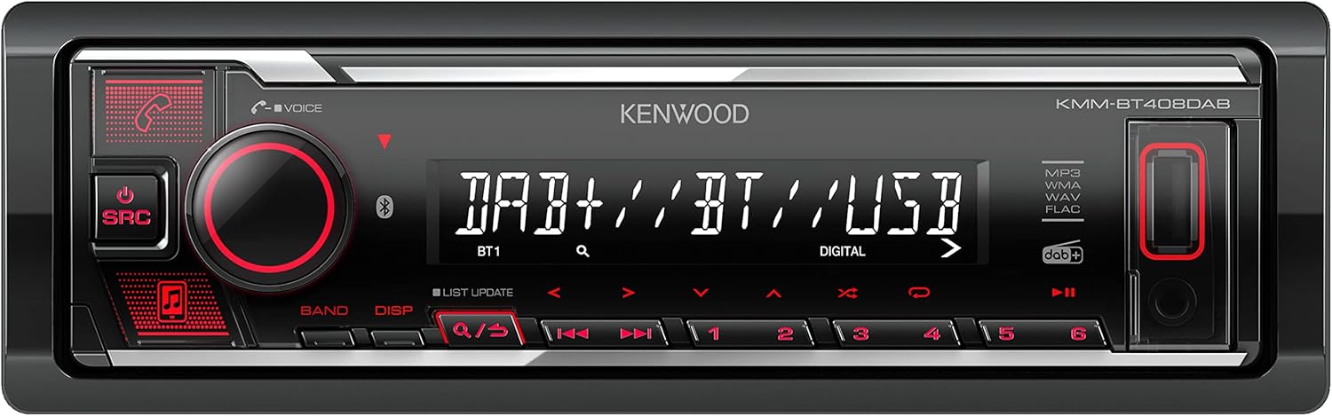 Kenwood KMM-BT408DAB USB Car Radio with DAB+ and Bluetooth Hands-Free Kit (Sound Processor, USB, AUX, 1 x Pre-Out 2.5 V, 4 x 50 Watt, Button Lighting, Red, Includes DAB+ Antenna)-1