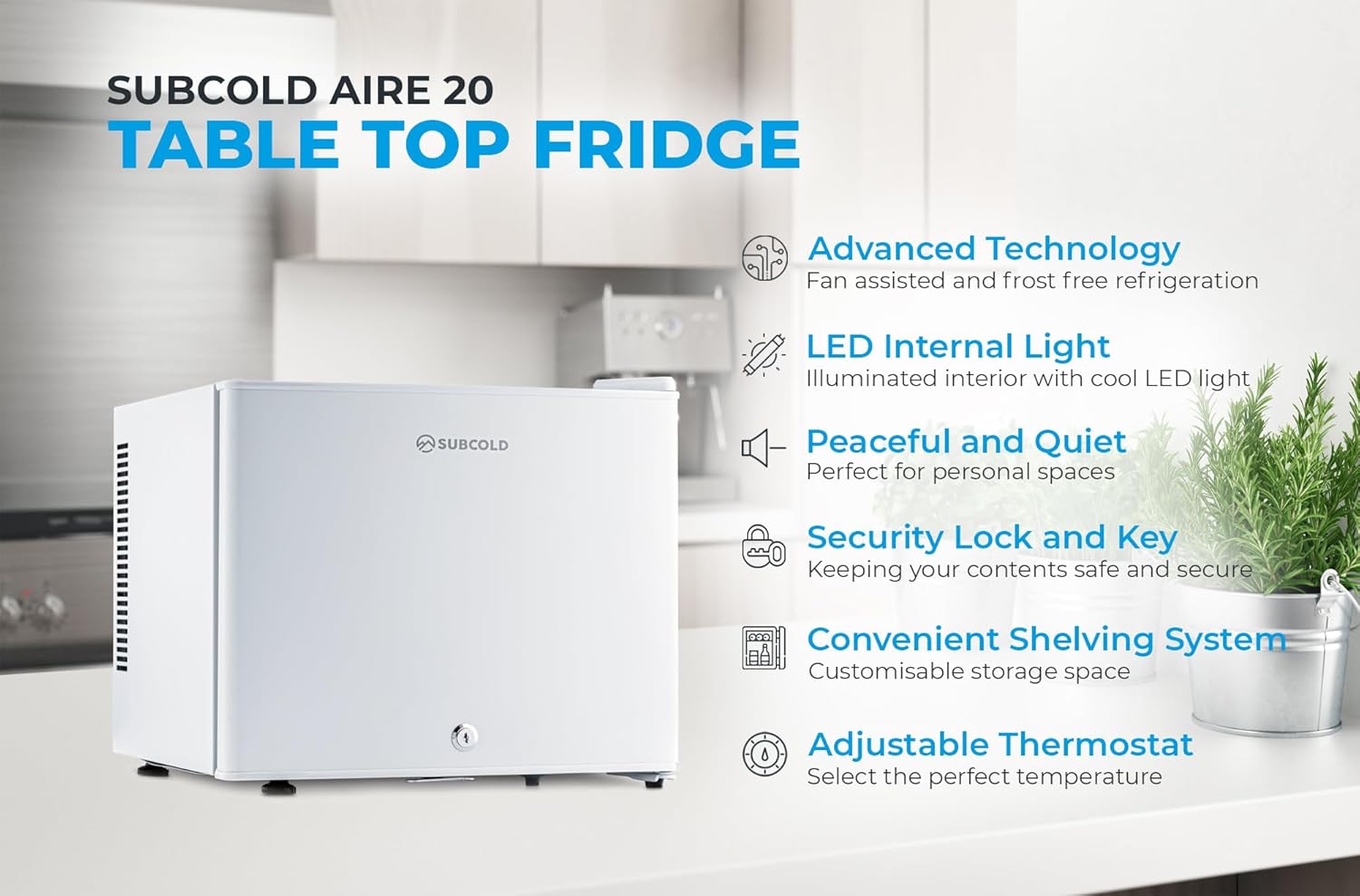 Subcold Aire20 LED Mini Fridge | 20L Small Table Top Model | Quiet Frost Free Fridge for Bedrooms & Hotels | Lockable with Solid door & interior LED light (White)-3