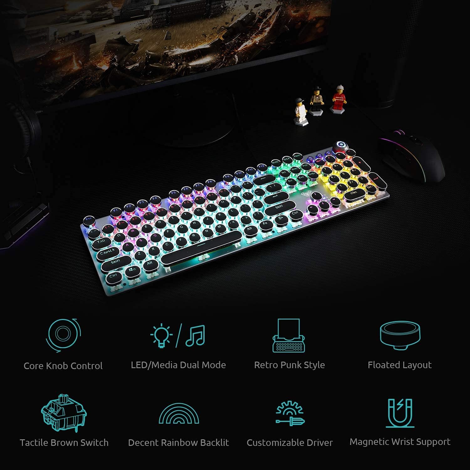 AULA F2088 Typewriter Style Mechanical Gaming Keyboard Blue Switch, with Removable Wrist Rest, Media Control Knob, Rainbow Backlit, Retro Punk Round Keycaps, 108 Keys Wired Computer Keyboard, Black-1