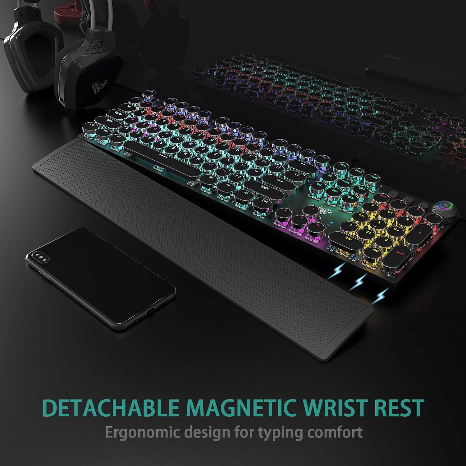 AULA F2088 Typewriter Style Mechanical Gaming Keyboard Blue Switch, with Removable Wrist Rest, Media Control Knob, Rainbow Backlit, Retro Punk Round Keycaps, 108 Keys Wired Computer Keyboard, Black-2