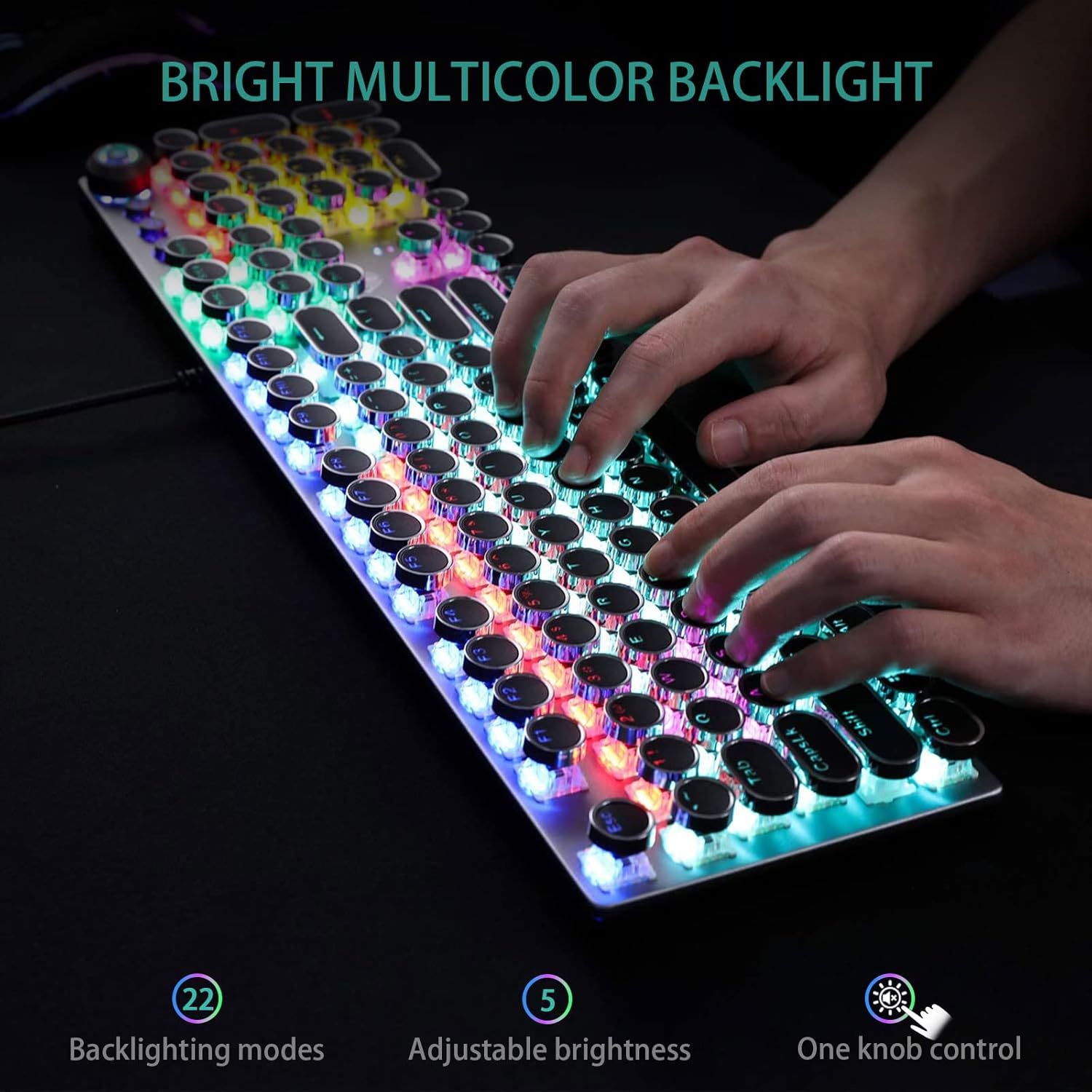 AULA F2088 Typewriter Style Mechanical Gaming Keyboard Blue Switch, with Removable Wrist Rest, Media Control Knob, Rainbow Backlit, Retro Punk Round Keycaps, 108 Keys Wired Computer Keyboard, Black-5