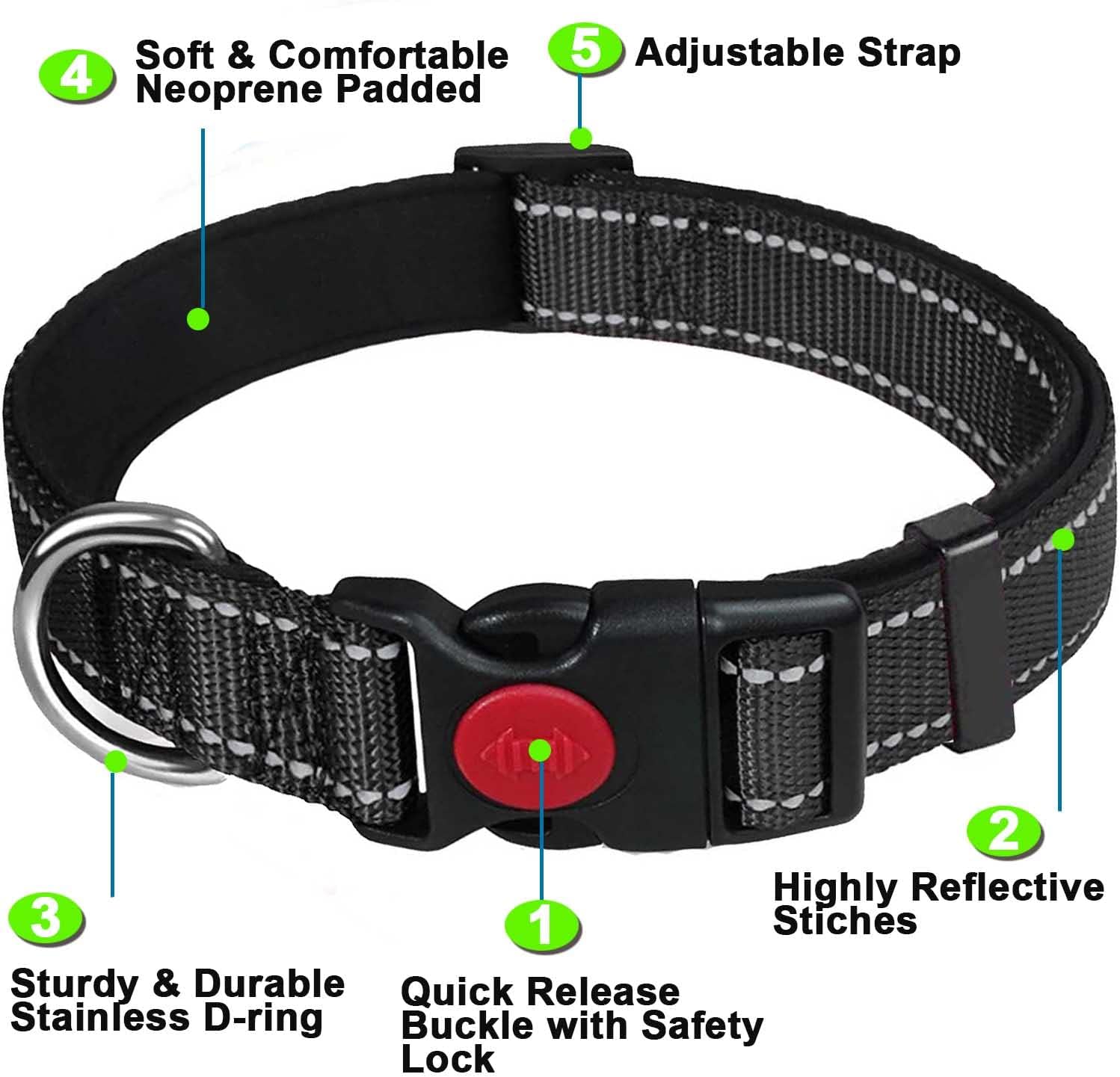 ATETEO Dog Collar, Reflective Adjustable Basic Dog Collar with Soft Neoprene Padding, Durable Nylon Pet Collars for Puppy Small Medium Large Dogs, Black, S: 9-14.2 inch-1