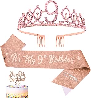 AKlamater 9th Birthday Sash and Tiara,It's My 9th Birthday Sash Rhinestone Crown Happy Birthday Cake Topper for Girls Birthday Gifts Party Decorations Supplies (Pink 9th)