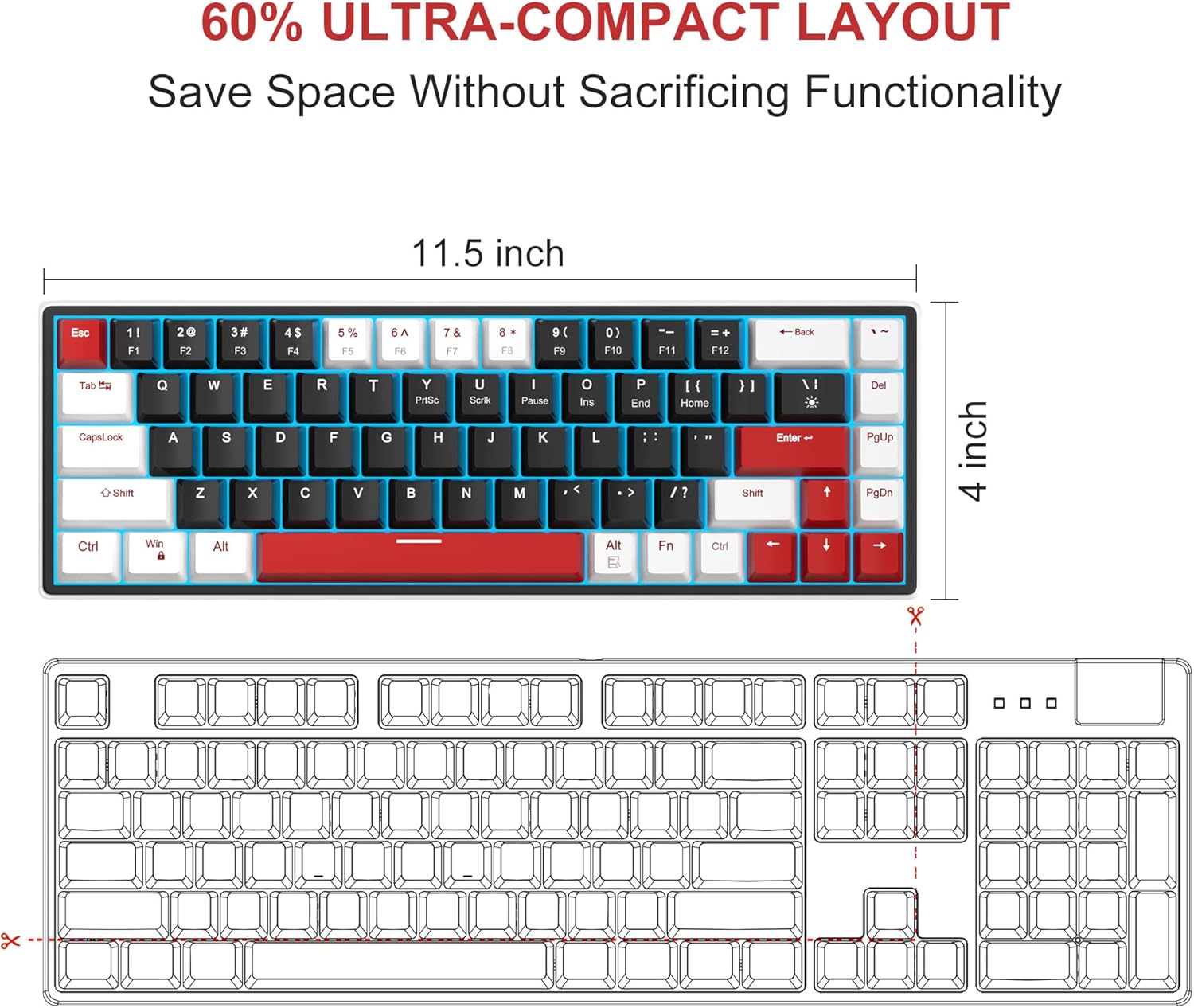 MageGee 60% Mechanical Gaming Keyboard, 68 Keys Compact Blue LED Backlit Gaming Keyboard, SKY68 Wired Ergonomic Mini Office Keyboard for Windows PC Gamer (Red Switch, White & Black)-6