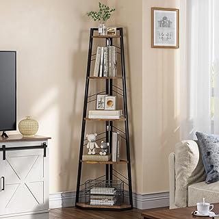 YITAHOME Corner Shelf 5 Tiers, Industrial Bookshelf Modern Floorstanding Corner Bookcase Ladder Shelf Wooden Open Display Shelving Unit for Living Room, Hallway, Home Office, Rustic Brown Book shelf