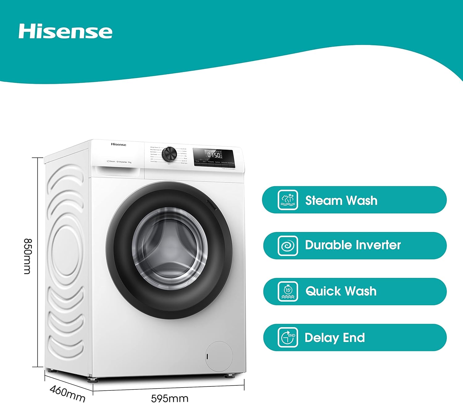 Hisense-WFQP6012EVM-Freestanding-6 KG-Front Load Durable Inverter Washing Machine-Steam Wash-Quick Wash-15 Washing Programs-1200 RPM-White-Energy Rating C-1