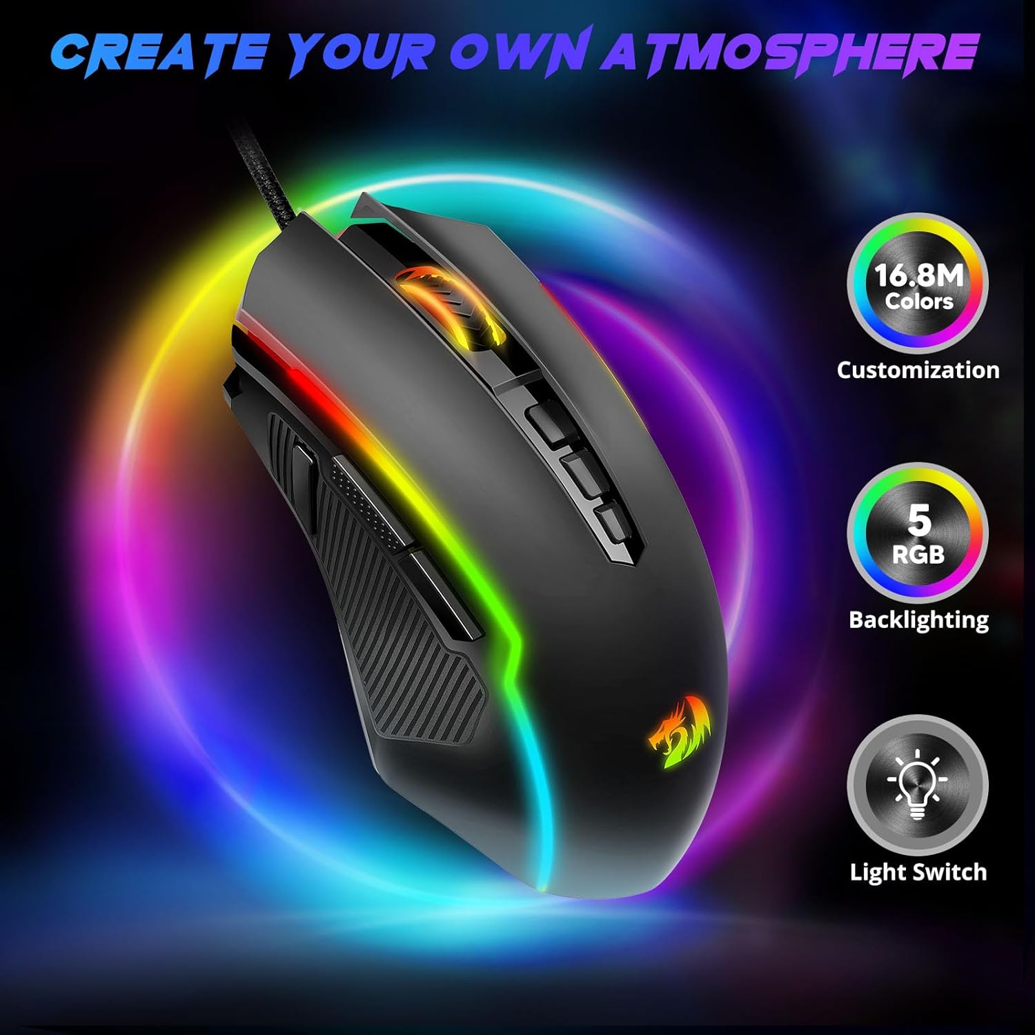 Redragon Gaming Mouse, RGB Gaming Mouse Wired with 9 Programmable Macro Buttons, Chroma RGB Backlit, 8000 DPI Adjustable, PC Gaming Mice with Fire Button for Windows/Mac, Black, M910-K-1