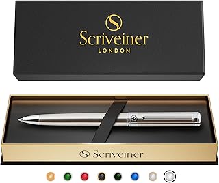 Scriveiner Ballpoint Pen London - Stunning Ballpoint Pen with 24K Gold Finish, Schmidt Black Refill, Best Ball Pen Gift Set for Men & Women (-Stainless Steel with Chrome)