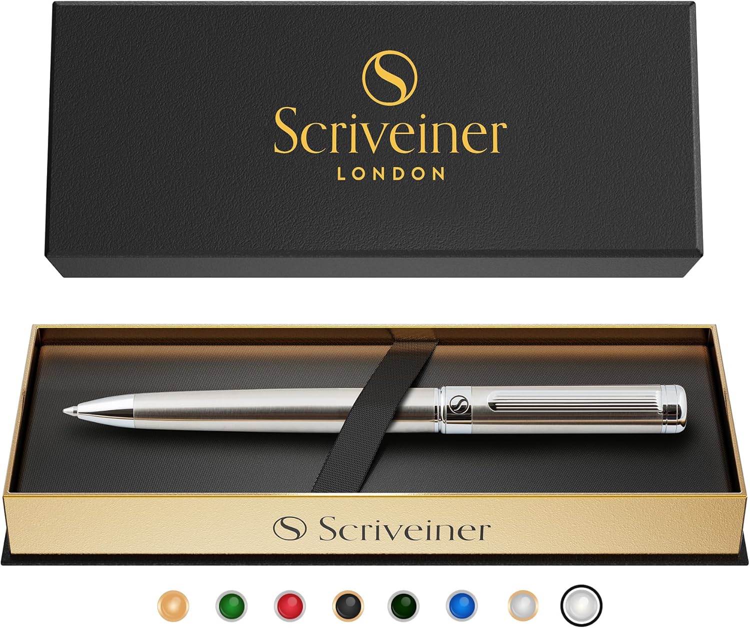 Scriveiner Ballpoint Pen London - Stunning Ballpoint Pen with 24K Gold Finish, Schmidt Black Refill, Best Ball Pen Gift Set for Men & Women (-Stainless Steel with Chrome)-0