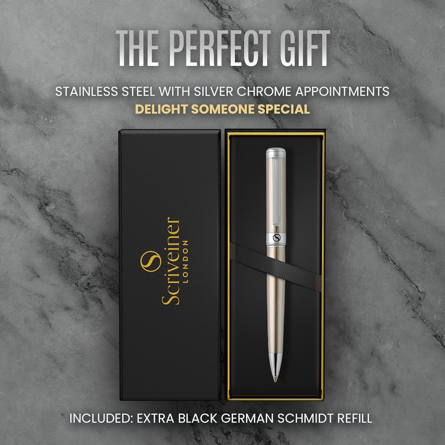 Scriveiner Ballpoint Pen London - Stunning Ballpoint Pen with 24K Gold Finish, Schmidt Black Refill, Best Ball Pen Gift Set for Men & Women (-Stainless Steel with Chrome)-2