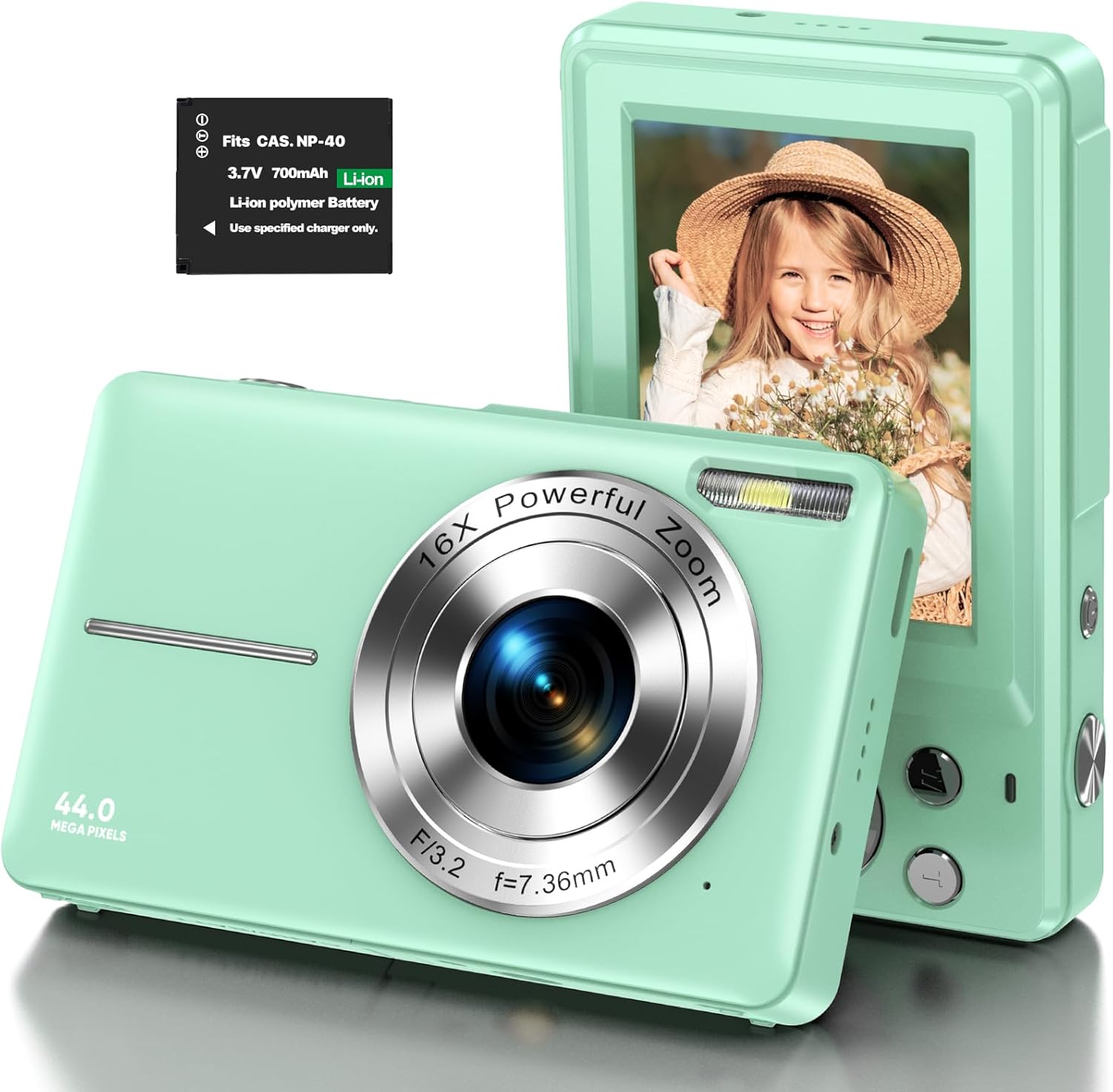 Digital Camera 1080P Kids Camera 44MP HD Compact Digital Camera Photo Camera Digital Camera Cheap with 2.4" Screen 16X Digital Zoom and 1 Battery for Girls, Boys, Beginner-Green (No Card)-0