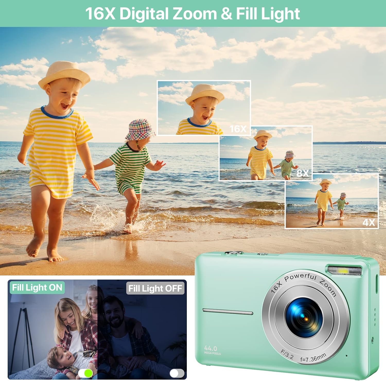 Digital Camera 1080P Kids Camera 44MP HD Compact Digital Camera Photo Camera Digital Camera Cheap with 2.4" Screen 16X Digital Zoom and 1 Battery for Girls, Boys, Beginner-Green (No Card)-1