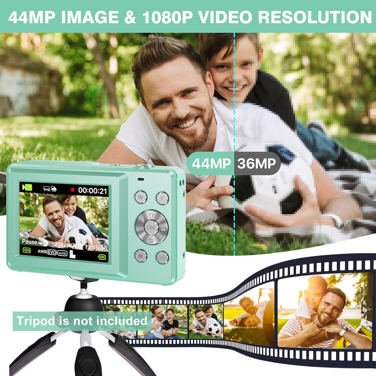 Digital Camera 1080P Kids Camera 44MP HD Compact Digital Camera Photo Camera Digital Camera Cheap with 2.4" Screen 16X Digital Zoom and 1 Battery for Girls, Boys, Beginner-Green (No Card)-2