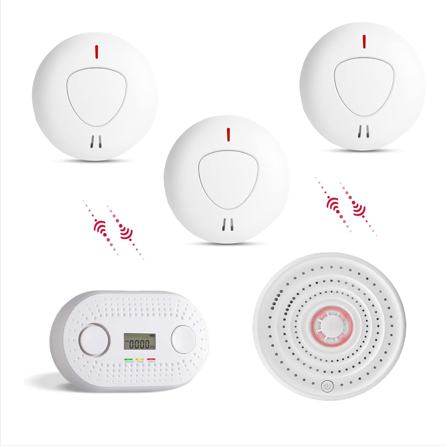 fxo Interlinked Optical Smoke Alarm, Heat Alarm & Carbon Monoxide Alarm Bundle - x1 Wireless Heat, x3 Optical Smoke & x1 CO Detector - Fire Alarms Multipack with 10 Year Tamper Proof Battery-0