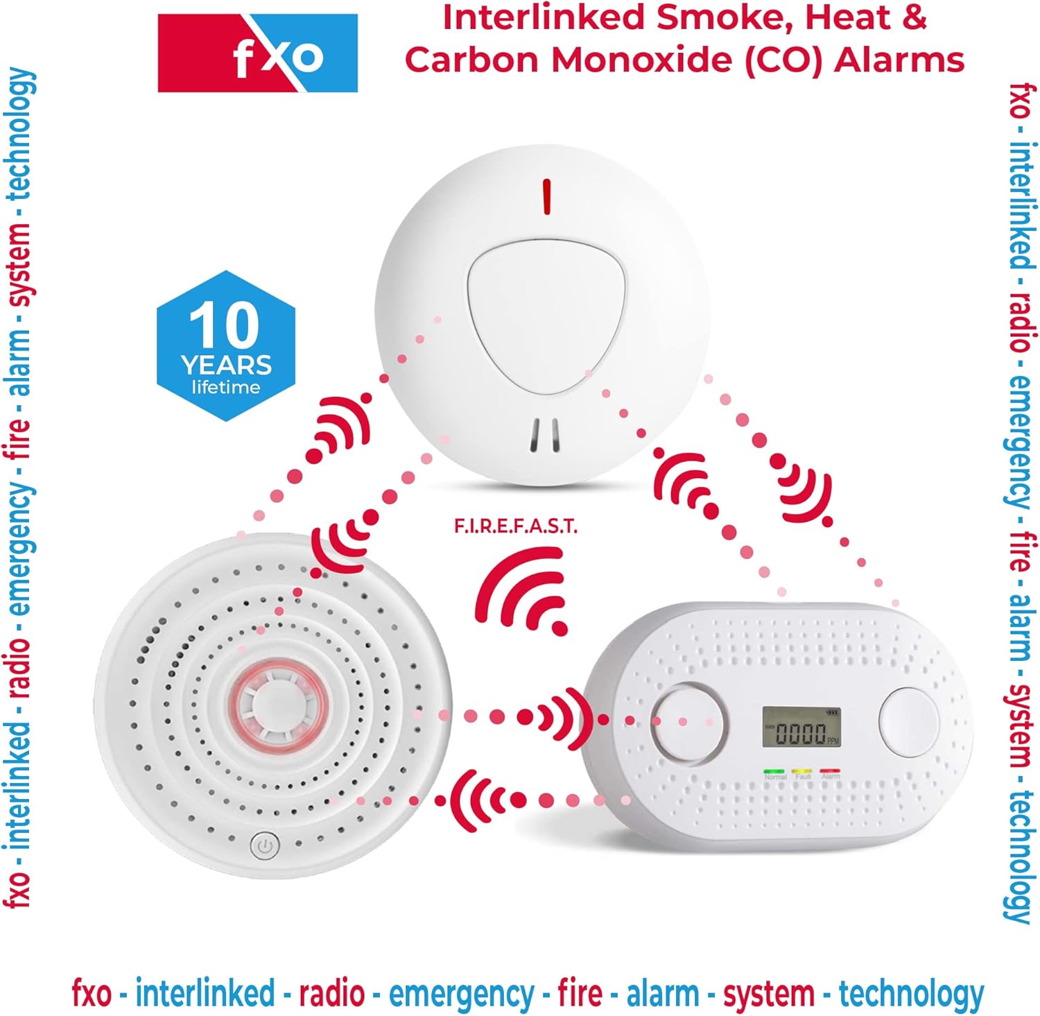 fxo Interlinked Optical Smoke Alarm, Heat Alarm & Carbon Monoxide Alarm Bundle - x1 Wireless Heat, x3 Optical Smoke & x1 CO Detector - Fire Alarms Multipack with 10 Year Tamper Proof Battery-1