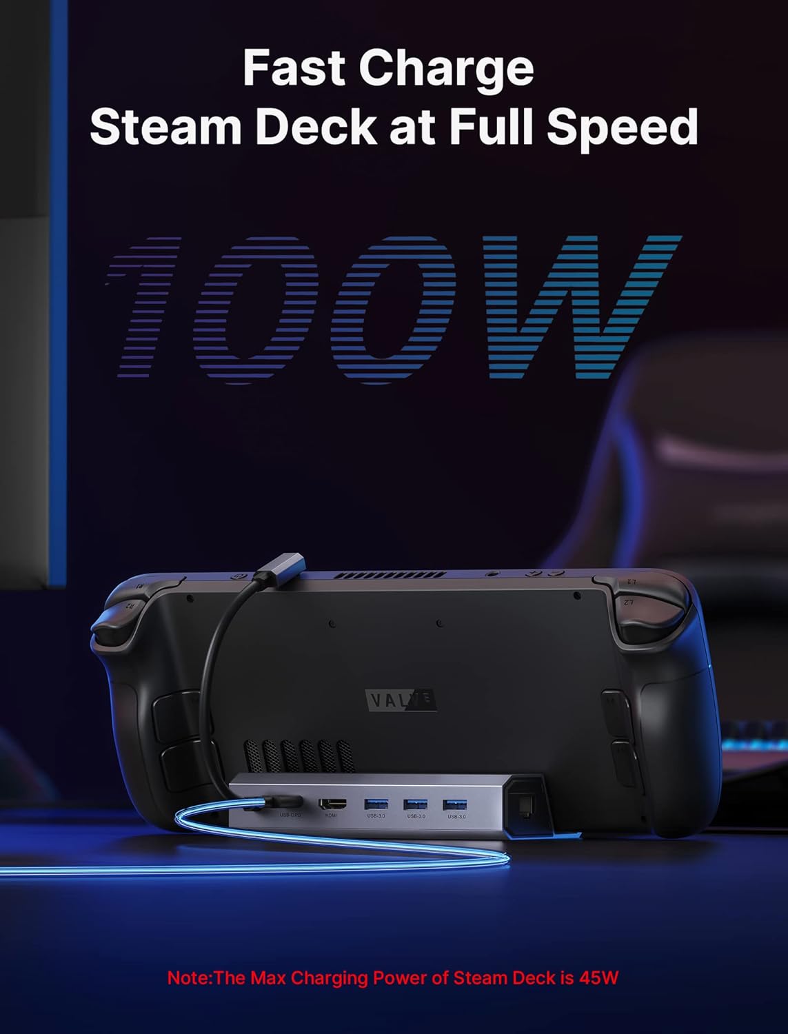 JSAUX 6-in-1 Docking Station Compatible with Steam Deck/ROG Ally/Steam Deck OLED/Lenovo Legion Go/MSI Claw, Steam Dock with HDMI 2.0 4K@60Hz, Gigabit Ethernet, 3 USB-A 3.0 and 100W USB-C Port-HB0603-6