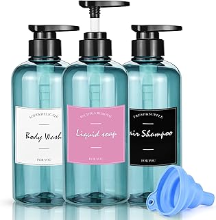 JTOOYS 3 Pack 500ml/17oz Empty Shampoo Bottles Soap Dispenser Bottle Refillable Plastic Lotion Pump with Silicone Funnel & Labels Conditioner Blue for Bathroom Kitchen (JTOO-3293)