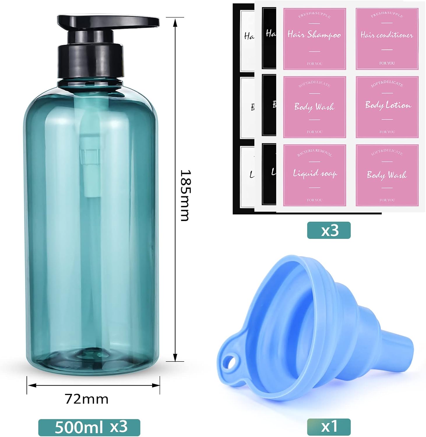 JTOOYS 3 Pack 500ml/17oz Empty Shampoo Bottles Soap Dispenser Bottle Refillable Plastic Lotion Pump with Silicone Funnel & Labels Conditioner Blue for Bathroom Kitchen (JTOO-3293)-1