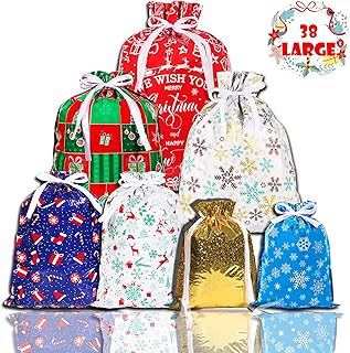 38PCS Christmas Drawstring Gift Bags,CASPLUS 7 Design Christmas Wrapping Bags, for Presents, Gift and Christmas Party