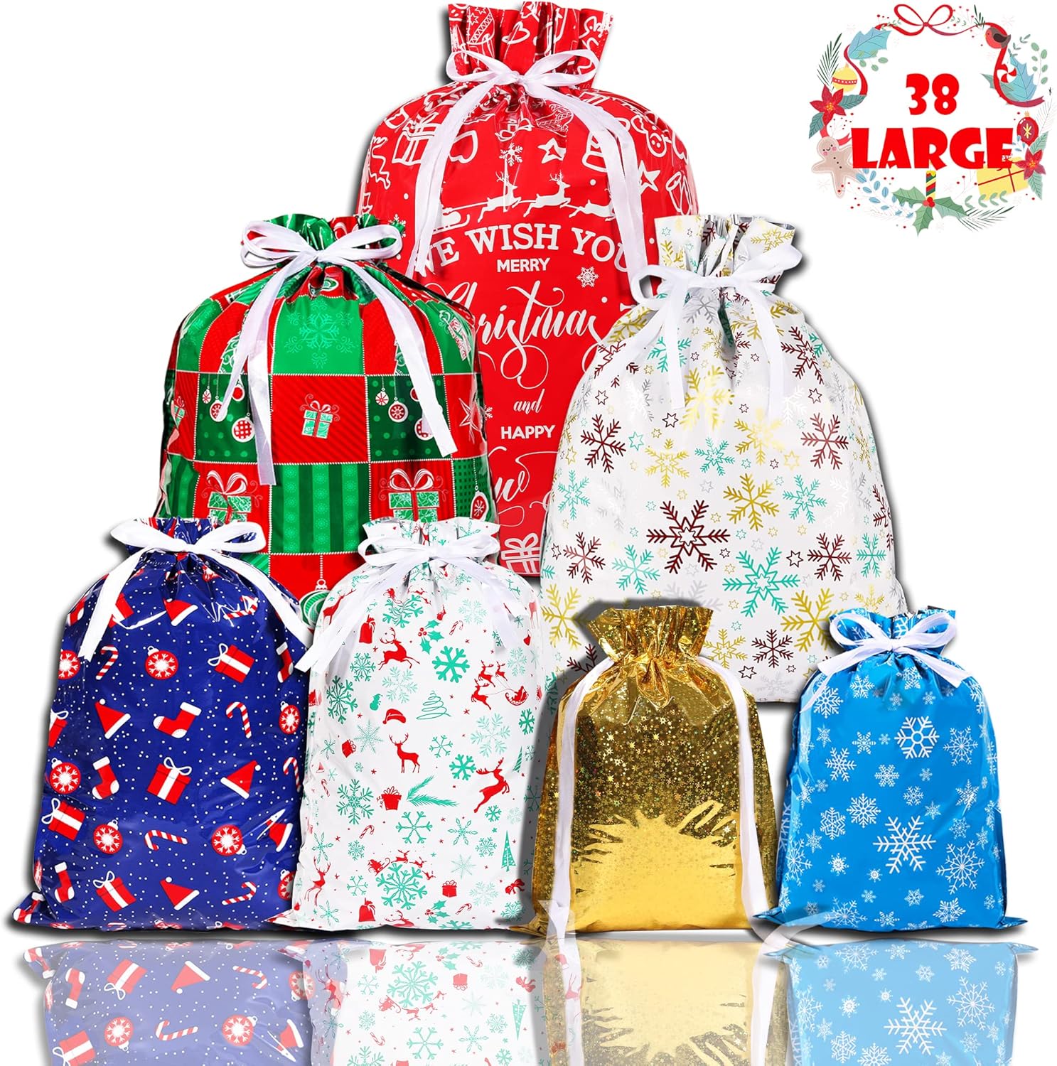 38PCS Christmas Drawstring Gift Bags,CASPLUS 7 Design Christmas Wrapping Bags, for Presents, Gift and Christmas Party-0