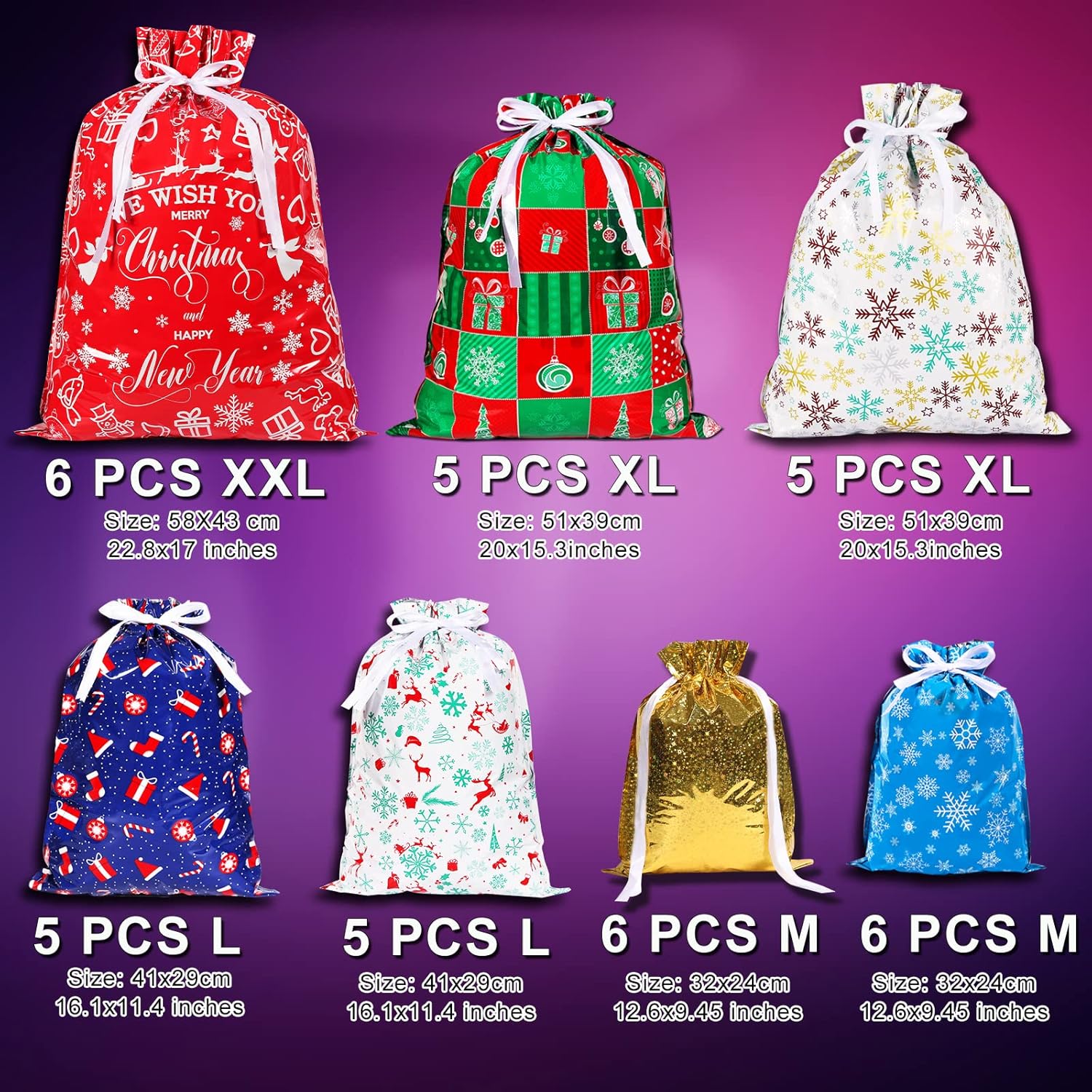 38PCS Christmas Drawstring Gift Bags,CASPLUS 7 Design Christmas Wrapping Bags, for Presents, Gift and Christmas Party-1