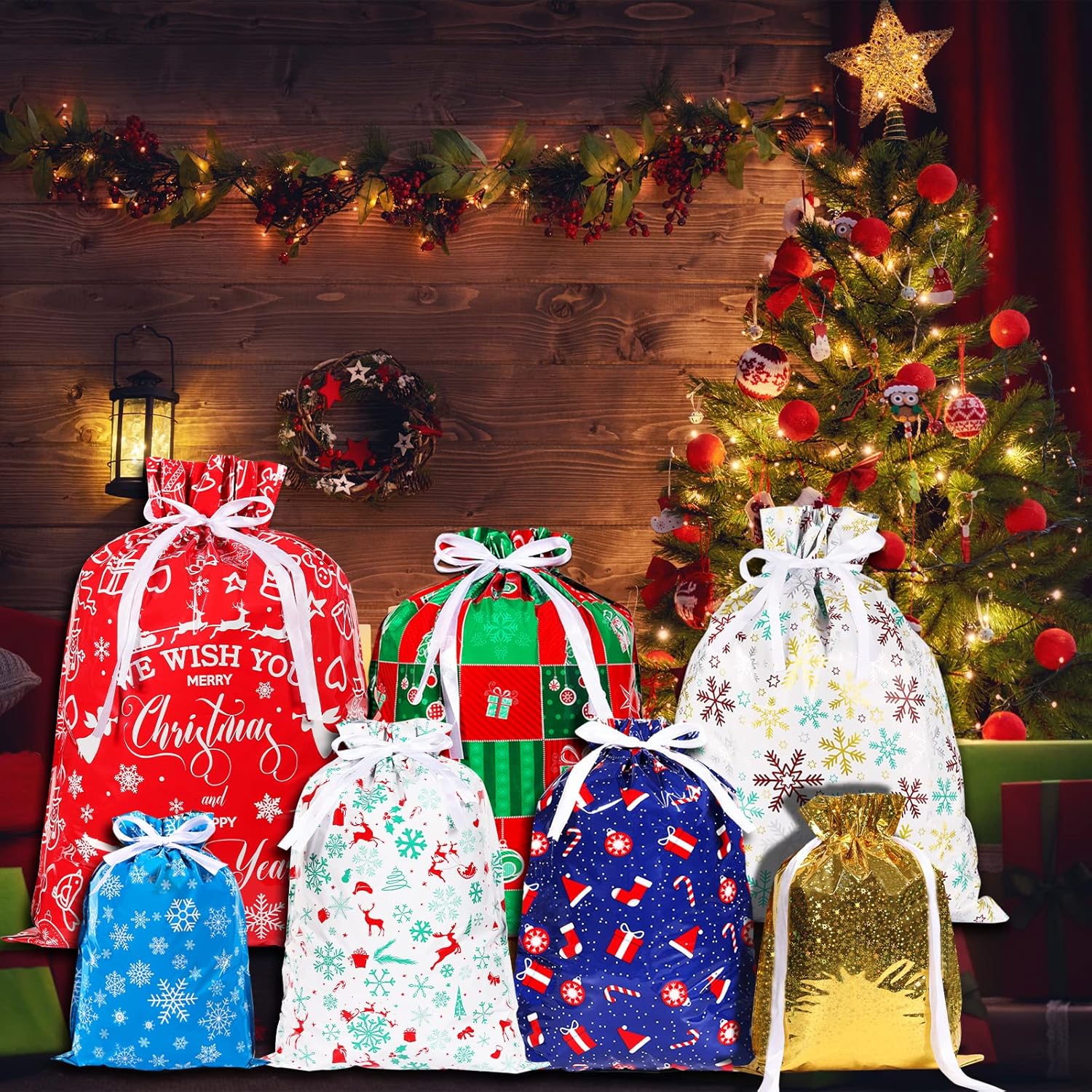 38PCS Christmas Drawstring Gift Bags,CASPLUS 7 Design Christmas Wrapping Bags, for Presents, Gift and Christmas Party-3