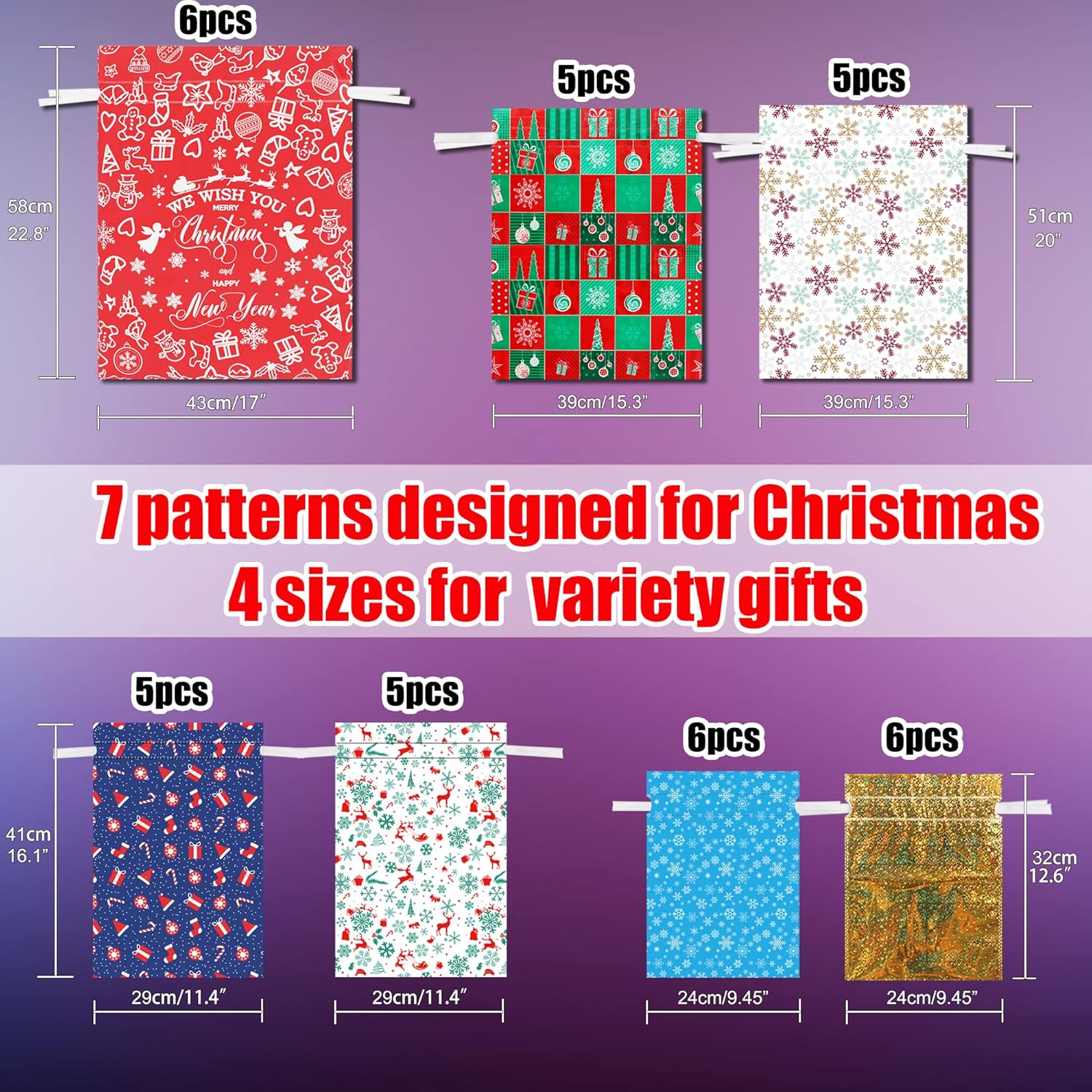 38PCS Christmas Drawstring Gift Bags,CASPLUS 7 Design Christmas Wrapping Bags, for Presents, Gift and Christmas Party-5