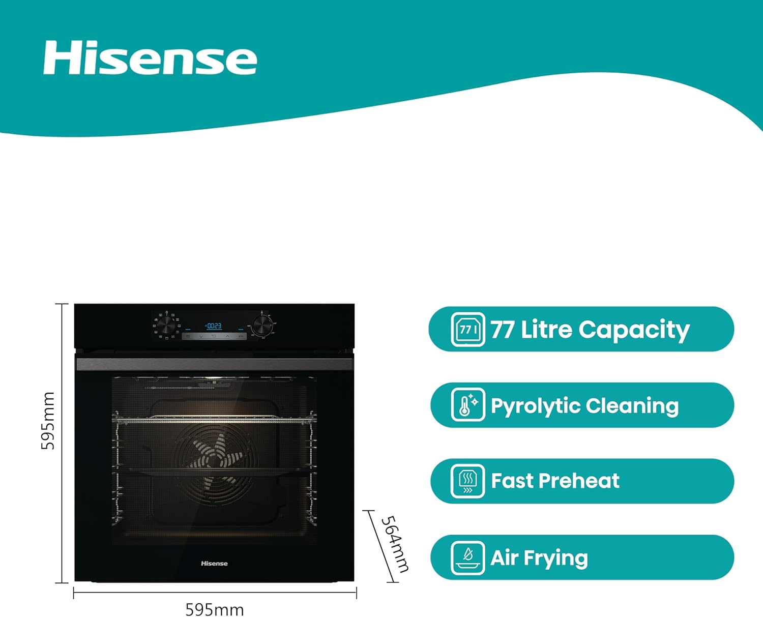 Hisense BI64211PB 77 Litre Built In Electric Single Oven With Pyrolytic Cleaning, Pizza Mode, Multiphase Cooking- Black 22x23x23 inches (LxWxH) - A+ Rated, Extra Large-1