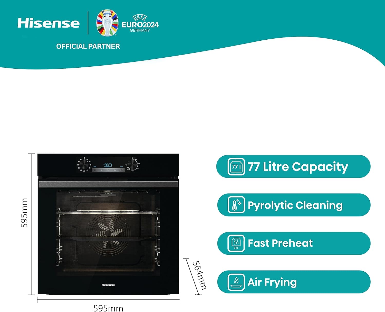 Hisense BI64211PB 77 Litre Built In Electric Single Oven With Pyrolytic Cleaning, Pizza Mode, Multiphase Cooking- Black 22x23x23 inches (LxWxH) - A+ Rated, Extra Large-2