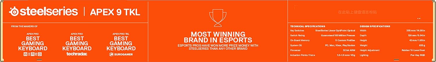 SteelSeries Apex 9 TKL - Mechanical Gaming Keyboard – Optical Switches – 2-Point Actuation – Compact Esports Tenkeyless Form Factor – Hotswappable Switches - American QWERTY Layout-15