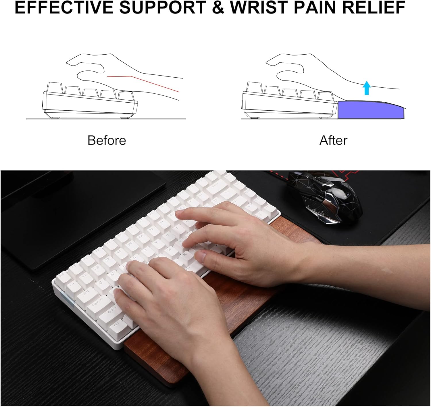 Wooden Keyboard Wrist Rest for 60% Keyboard, Ebony Wood Wrist Rest Pad Support with Anti-Slip Rubber Base, MageGee Ergonomic Comfortable Keyboard Palm Rest for Pain Relief, Easy Typing-2