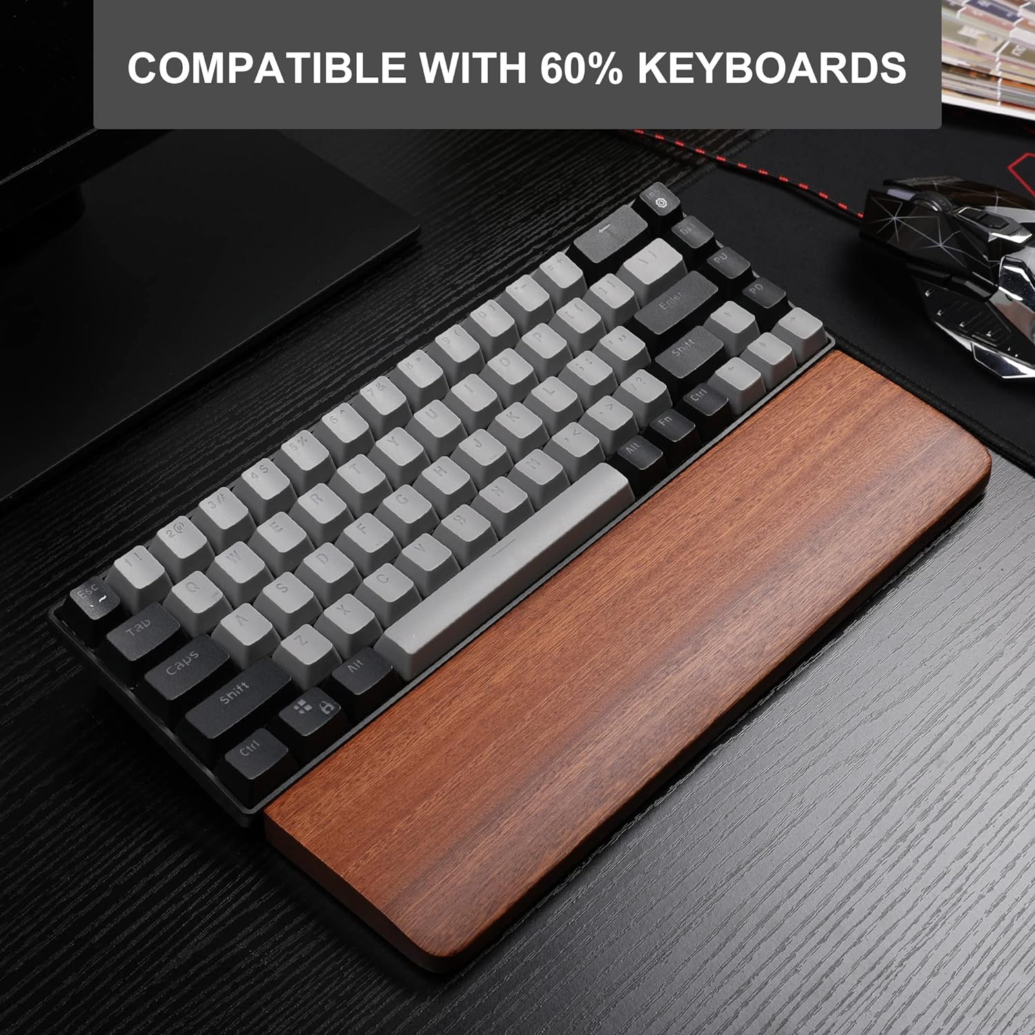 Wooden Keyboard Wrist Rest for 60% Keyboard, Ebony Wood Wrist Rest Pad Support with Anti-Slip Rubber Base, MageGee Ergonomic Comfortable Keyboard Palm Rest for Pain Relief, Easy Typing-6