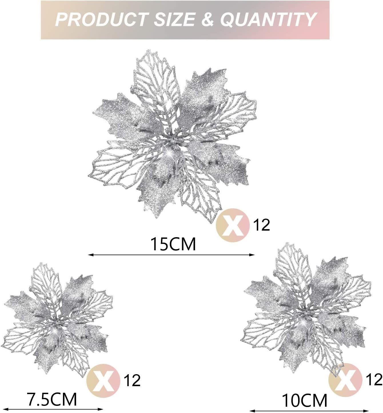 KAHEIGN 36Pcs Christmas Poinsettia Flowers, Silver Glitter Artificial Poinsettia Flowers Christmas Tree Ornaments for Wedding Christmas Wreath Home Party Decor (3 Size)-2