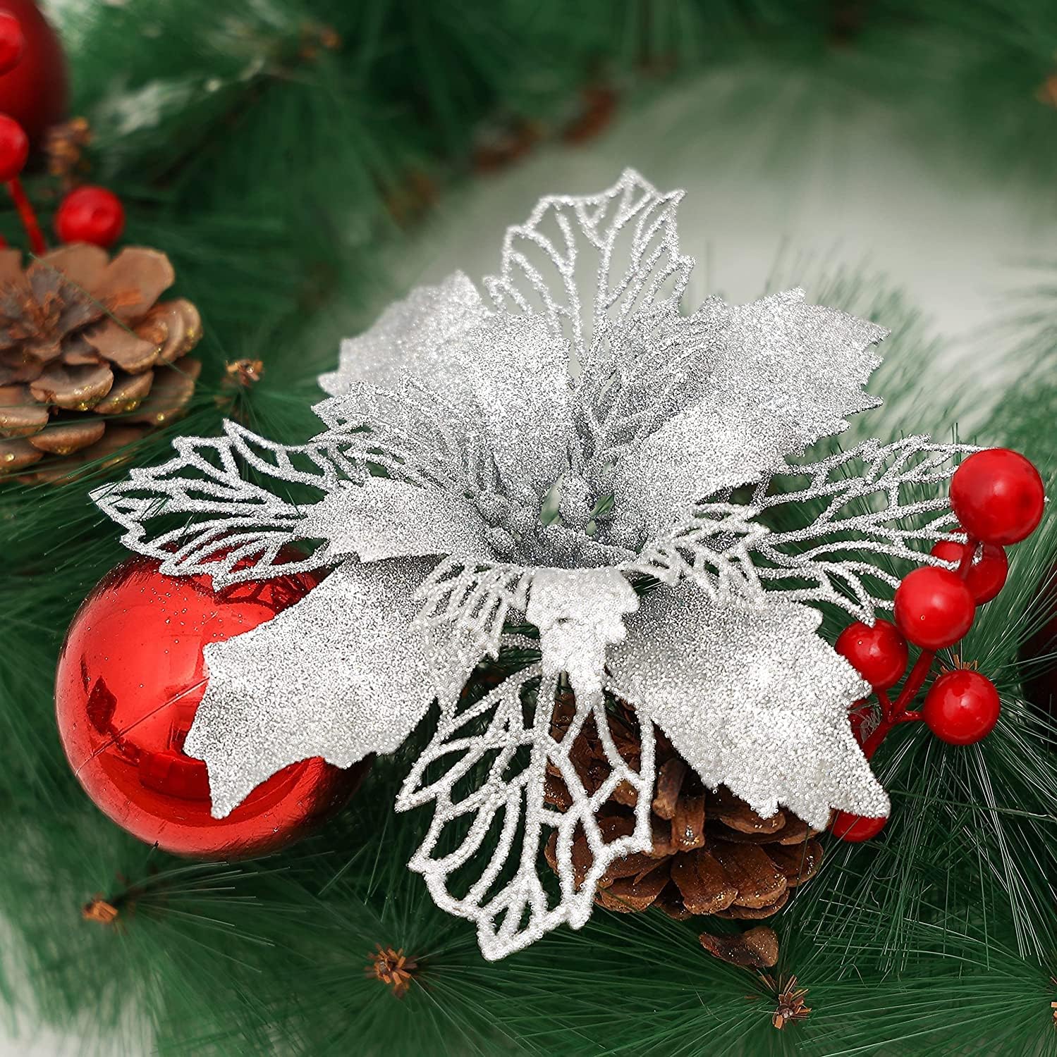 KAHEIGN 36Pcs Christmas Poinsettia Flowers, Silver Glitter Artificial Poinsettia Flowers Christmas Tree Ornaments for Wedding Christmas Wreath Home Party Decor (3 Size)-3