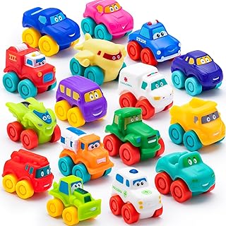 JOYIN 16 Pcs Cartoon Cars, Soft Rubber Toy Car Set, Mini Toy Vehicles, Bath Toy Car for Toddlers, Gift for Boys and Girls Birthday, Summer Beach and Pool Activity, Party Favors for Kids