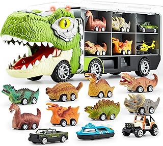 JOYIN Dinosaur Truck Toys for Kids age 3-8, 12 Pull Back Dinosaur Car Vehicles, 1 Toy Dinosaur Transport Truck with Music and Roaring Sound, Flashing Lights,1 Helicopter