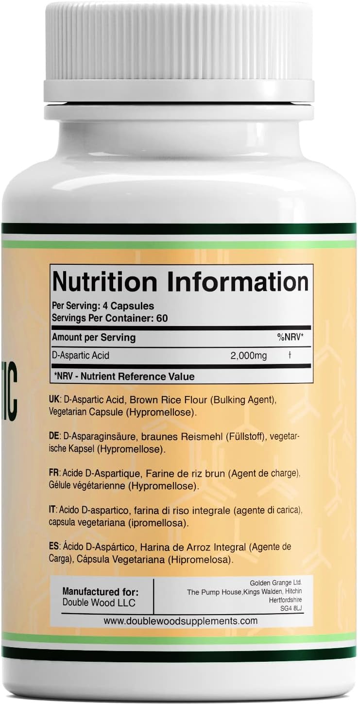 Double Wood D Aspartic Acid Supplement | 240 D-Aspartic Acid Capsules - 2000mg D Aspartic Acid (DAA) per Serving | Non-GMO, Gluten & Dairy Free-2