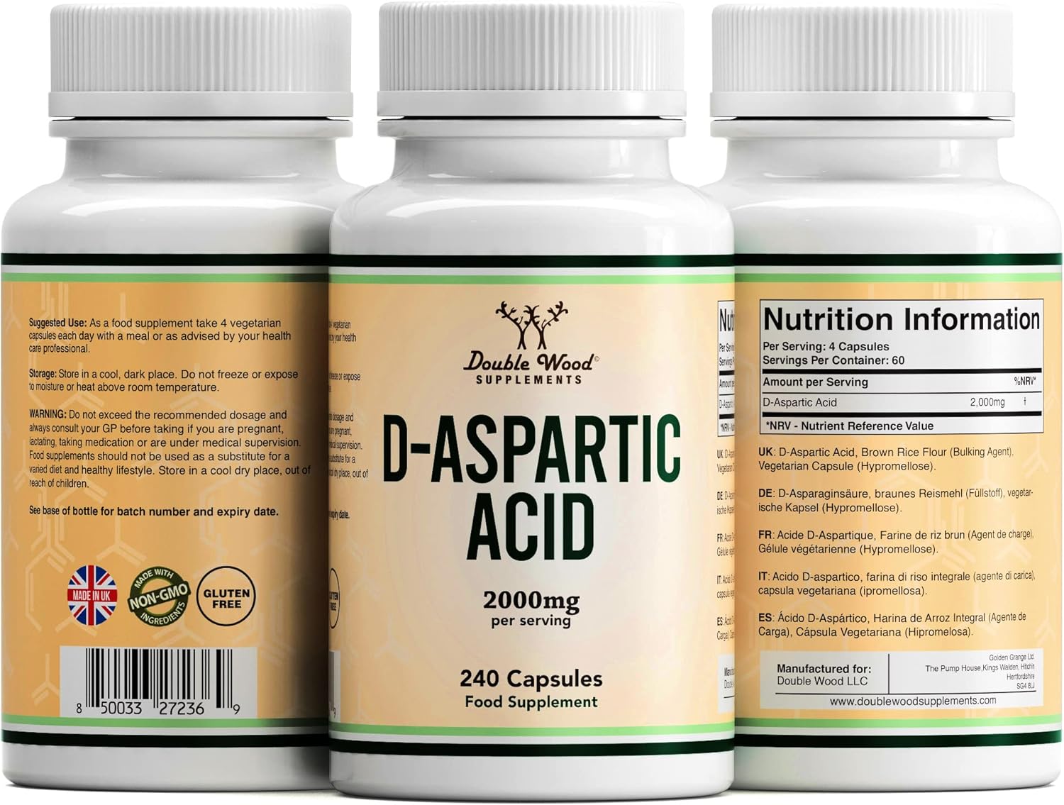 Double Wood D Aspartic Acid Supplement | 240 D-Aspartic Acid Capsules - 2000mg D Aspartic Acid (DAA) per Serving | Non-GMO, Gluten & Dairy Free-3