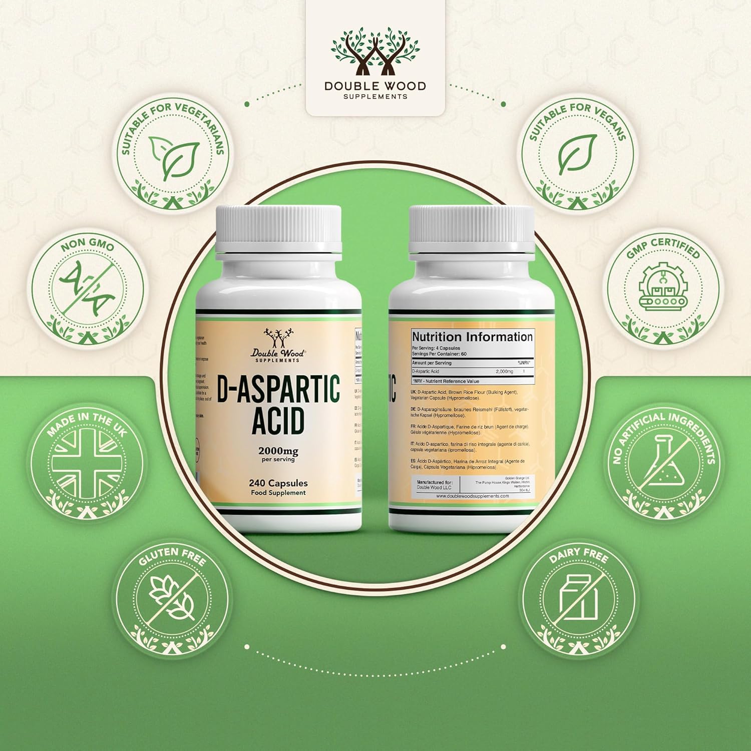 Double Wood D Aspartic Acid Supplement | 240 D-Aspartic Acid Capsules - 2000mg D Aspartic Acid (DAA) per Serving | Non-GMO, Gluten & Dairy Free-4